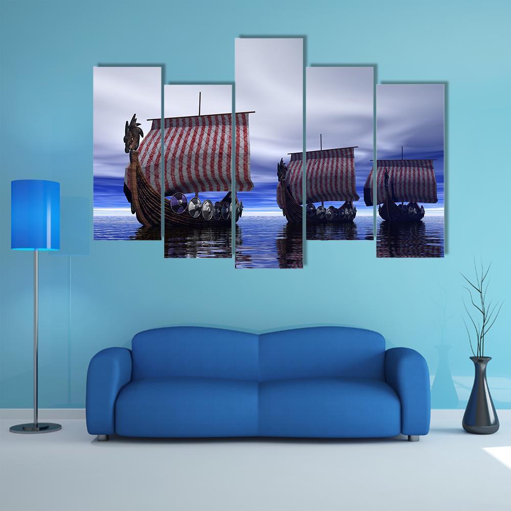 Viking Ships Canvas Wall Art-5 Pop-Gallery Wrap-47&quot; x 32&quot;-Tiaracle