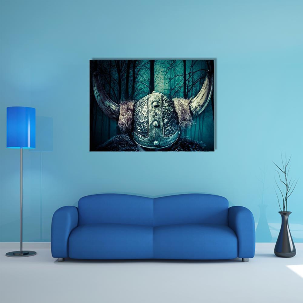 Viking Warrior with Ornate Horned Helmet Canvas Wall Art in black, gray and blue, single panel hung on a wall