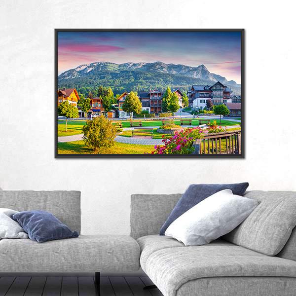 Village Archkogl In Morning Mist Canvas Wall Art-3 Horizontal-Gallery Wrap-25" x 16"-Tiaracle