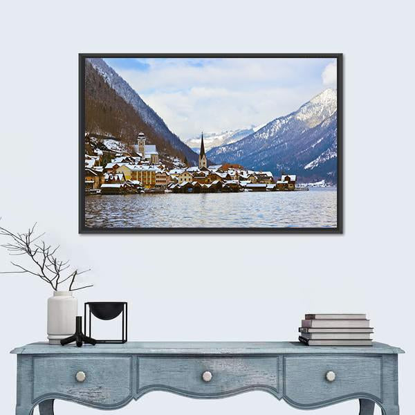 Village Hallstatt On The Lake Hallstatter At Winter Canvas Wall Art-1 Piece-Floating Frame-24" x 16"-Tiaracle