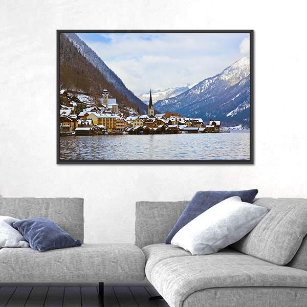 Village Hallstatt On The Lake Hallstatter At Winter Canvas Wall Art-3 Horizontal-Gallery Wrap-25" x 16"-Tiaracle