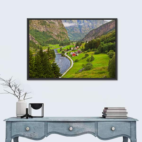 Flam Village Norway River Valley Canvas Wall Art in gray, green and blue, framed canvas, product view on a white background
