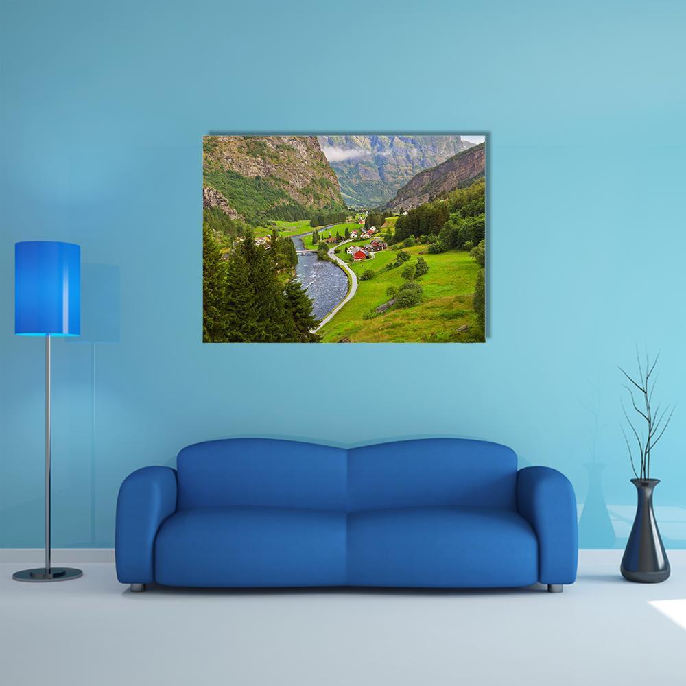 Flam Village Norway River Valley Canvas Wall Art in gray, green and blue, single panel hung on a wall