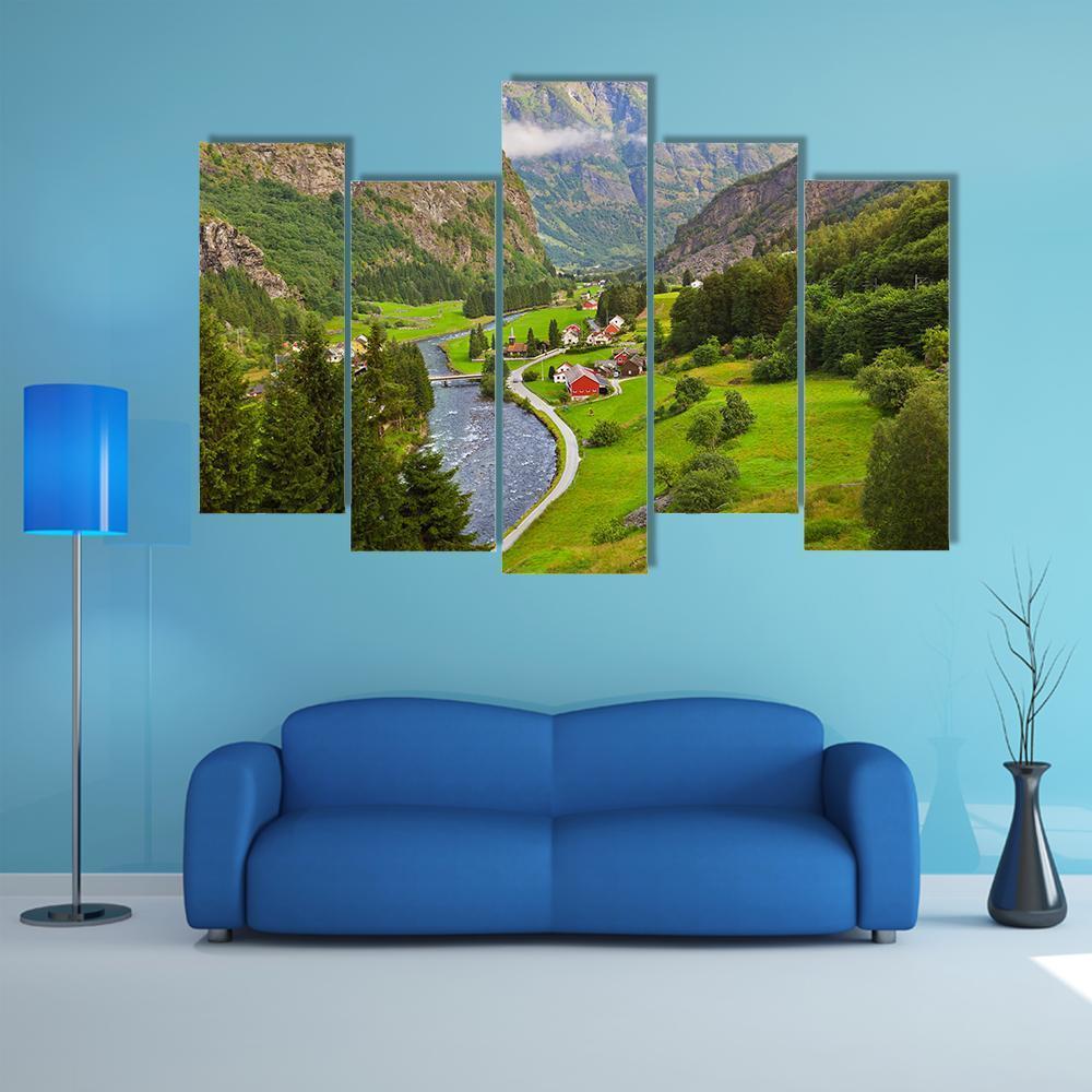 Village In Flam In Norway Canvas Wall Art-5 Pop-Gallery Wrap-47" x 32"-Tiaracle