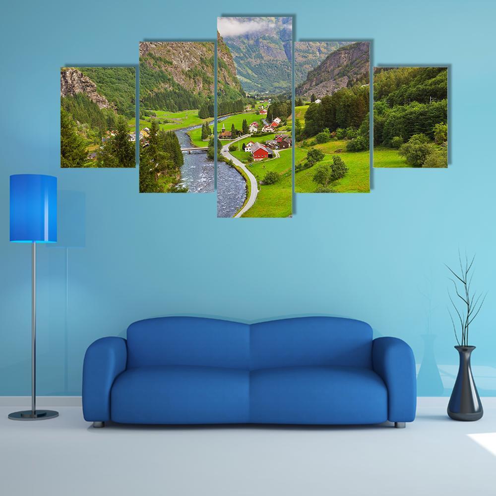 Village In Flam In Norway Canvas Wall Art-5 Star-Gallery Wrap-62" x 32"-Tiaracle