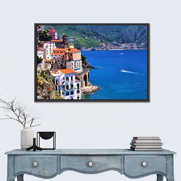 Village Of Atrani Along The Amalfi Coast Canvas Wall Art-1 Piece-Floating Frame-24" x 16"-Tiaracle