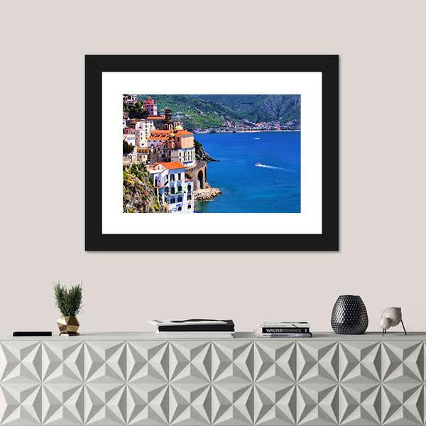 Village Of Atrani Along The Amalfi Coast Canvas Wall Art-1 Piece-Framed Print-20" x 16"-Tiaracle