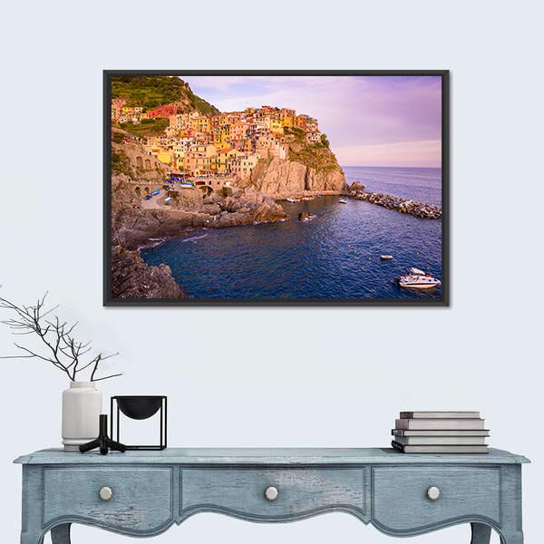 Cinque Terre Coastal Village at Sunset Canvas Wall Art in orange, yellow and blue, framed canvas, product view on a white background
