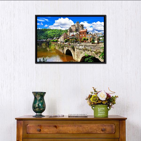 French Hilltop Village with Stone Bridge Canvas Wall Art in brown, green and blue, framed canvas, product view on a white background