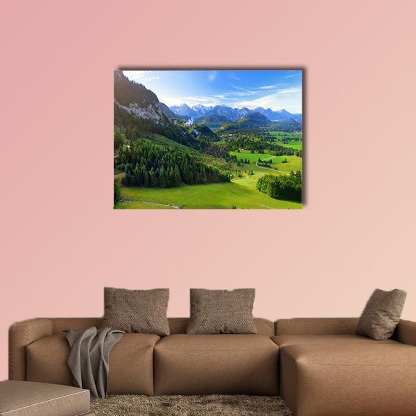 Village of Hohenschwangau Canvas Wall Art in green and blue, single panel hung on a wall