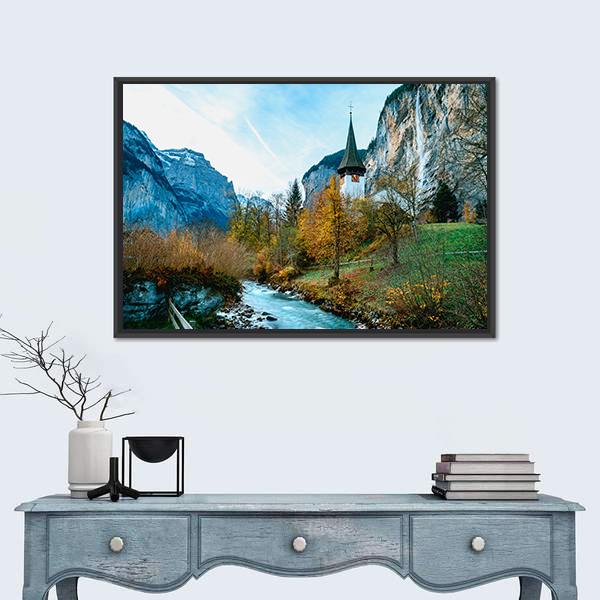 Village Of Lauterbrunnen In Swiss Alps Canvas Wall Art-3 Horizontal-Gallery Wrap-25&quot; x 16&quot;-Tiaracle