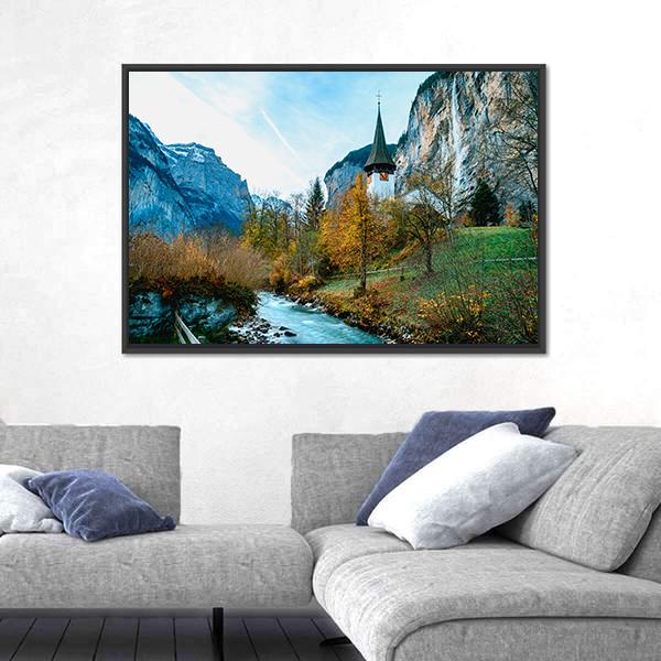 Lauterbrunnen Village in Swiss Alps Canvas Wall Art in brown, green and blue, framed canvas, product view on a white background