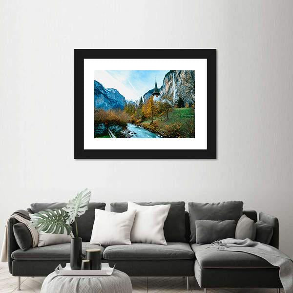 Lauterbrunnen Village in Swiss Alps Canvas Wall Art in brown, green and blue, framed print, product view on a white background