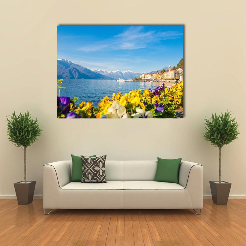 Village on Lake Como Canvas Wall Art in white, yellow and blue, single panel hung on a wall