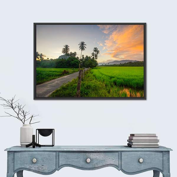 Village Scenery With Paddy field During Sunrise Canvas Wall Art-1 Piece-Floating Frame-24" x 16"-Tiaracle