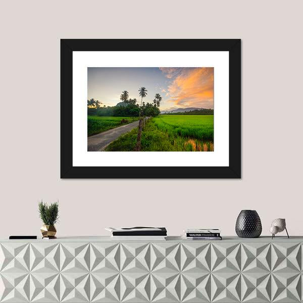 Village Scenery With Paddy field During Sunrise Canvas Wall Art-1 Piece-Framed Print-20" x 16"-Tiaracle