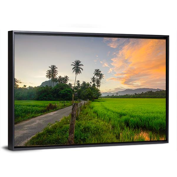 Village Scenery With Paddy field During Sunrise Canvas Wall Art-3 Horizontal-Gallery Wrap-25" x 16"-Tiaracle