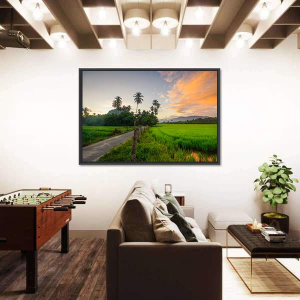 Village Scenery With Paddy field During Sunrise Canvas Wall Art-3 Horizontal-Gallery Wrap-25" x 16"-Tiaracle