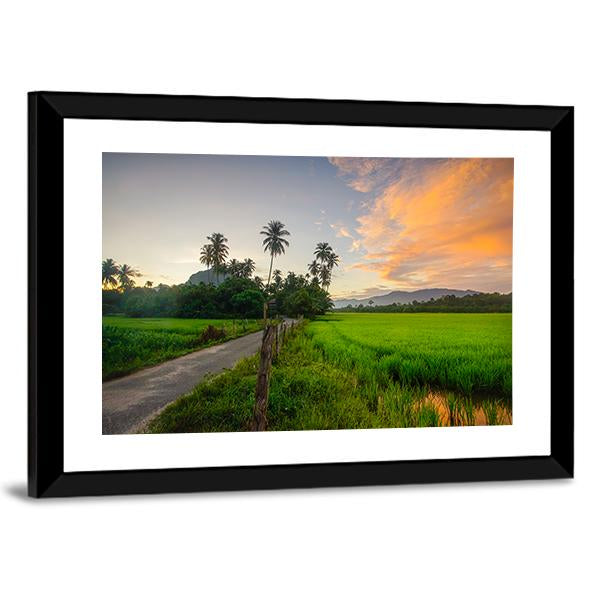 Village Scenery With Paddy field During Sunrise Canvas Wall Art-3 Horizontal-Gallery Wrap-25" x 16"-Tiaracle