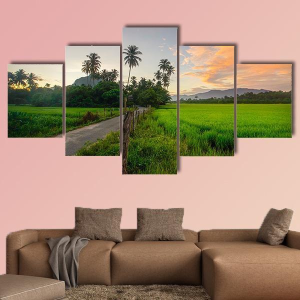 Village Scenery With Paddy field During Sunrise Canvas Wall Art-5 Star-Gallery Wrap-62" x 32"-Tiaracle