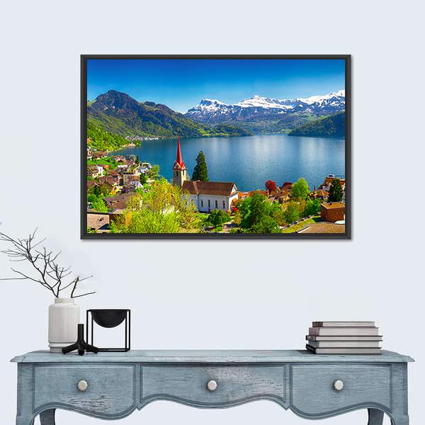 Wegis Village by Lake Lucerne and Pilatus Canvas Wall Art in green and blue, framed canvas, product view on a white background