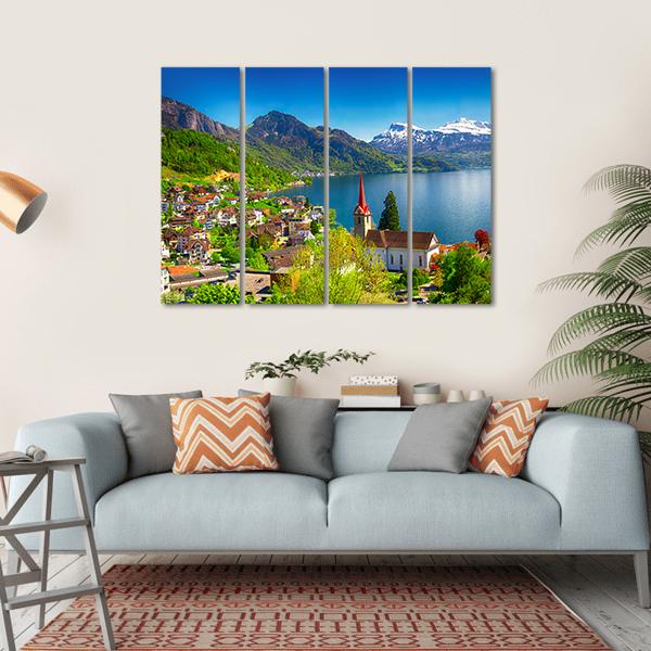 Village Wegis With Lake Lucerne And Pilatus Mountain Canvas Wall Art-4 Horizontal-Gallery Wrap-34" x 24"-Tiaracle