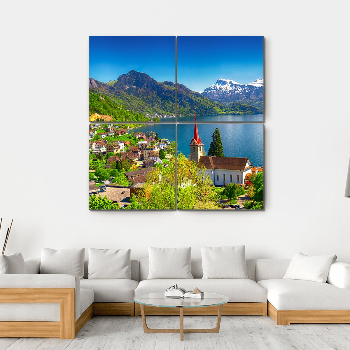 Village Wegis With Lake Lucerne And Pilatus Mountain Canvas Wall Art-4 Square-Gallery Wrap-17" x 17"-Tiaracle