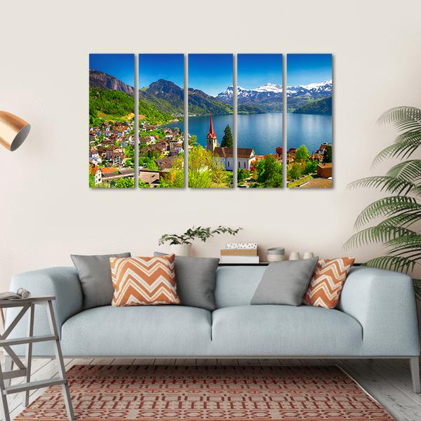 Village Wegis With Lake Lucerne And Pilatus Mountain Canvas Wall Art-5 Horizontal-Gallery Wrap-22" x 12"-Tiaracle