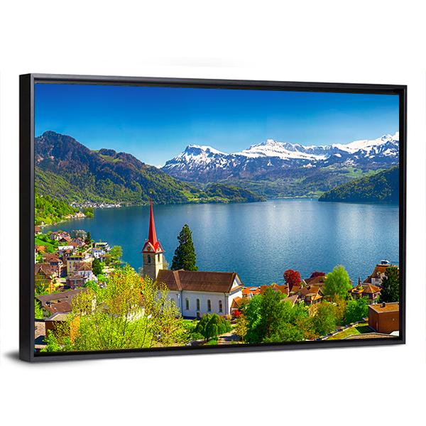 Village Wegis With Lake Lucerne And Pilatus Mountain Canvas Wall Art-3 Horizontal-Gallery Wrap-25" x 16"-Tiaracle