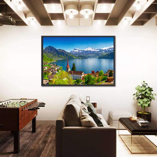 Village Wegis With Lake Lucerne And Pilatus Mountain Canvas Wall Art-5 Horizontal-Gallery Wrap-22" x 12"-Tiaracle