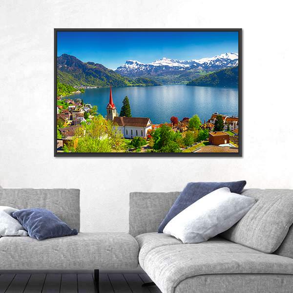 Village Wegis With Lake Lucerne And Pilatus Mountain Canvas Wall Art-3 Horizontal-Gallery Wrap-25" x 16"-Tiaracle