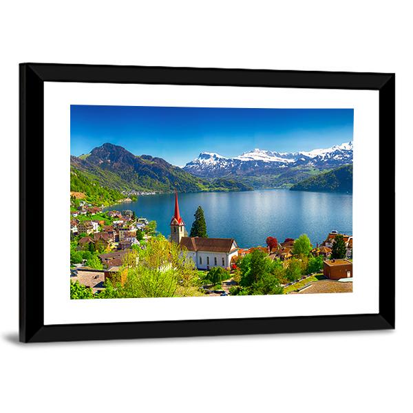 Village Wegis With Lake Lucerne And Pilatus Mountain Canvas Wall Art-3 Horizontal-Gallery Wrap-25" x 16"-Tiaracle