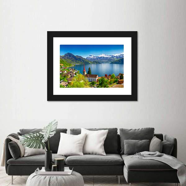 Village Wegis With Lake Lucerne And Pilatus Mountain Canvas Wall Art-5 Horizontal-Gallery Wrap-22" x 12"-Tiaracle