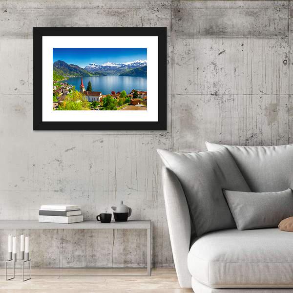 Village Wegis With Lake Lucerne And Pilatus Mountain Canvas Wall Art-3 Horizontal-Gallery Wrap-25" x 16"-Tiaracle