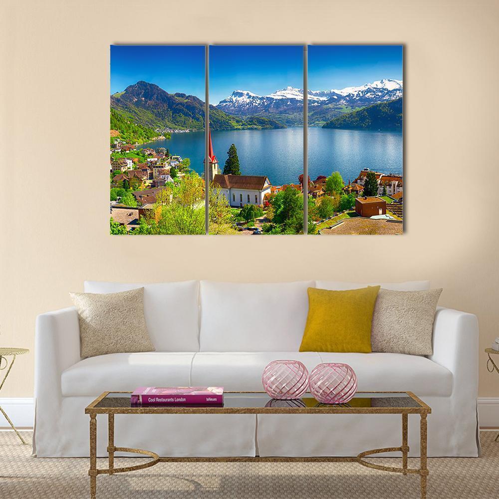 Village Wegis With Lake Lucerne And Pilatus Mountain Canvas Wall Art-3 Horizontal-Gallery Wrap-37" x 24"-Tiaracle