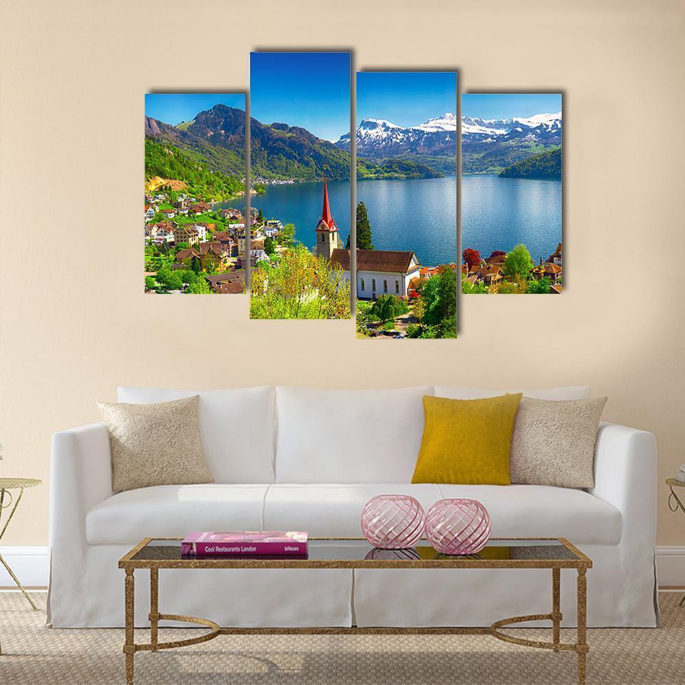 Village Wegis With Lake Lucerne And Pilatus Mountain Canvas Wall Art-4 Pop-Gallery Wrap-50" x 32"-Tiaracle