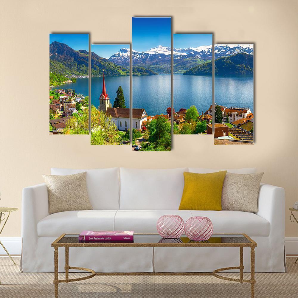 Village Wegis With Lake Lucerne And Pilatus Mountain Canvas Wall Art-5 Pop-Gallery Wrap-47" x 32"-Tiaracle