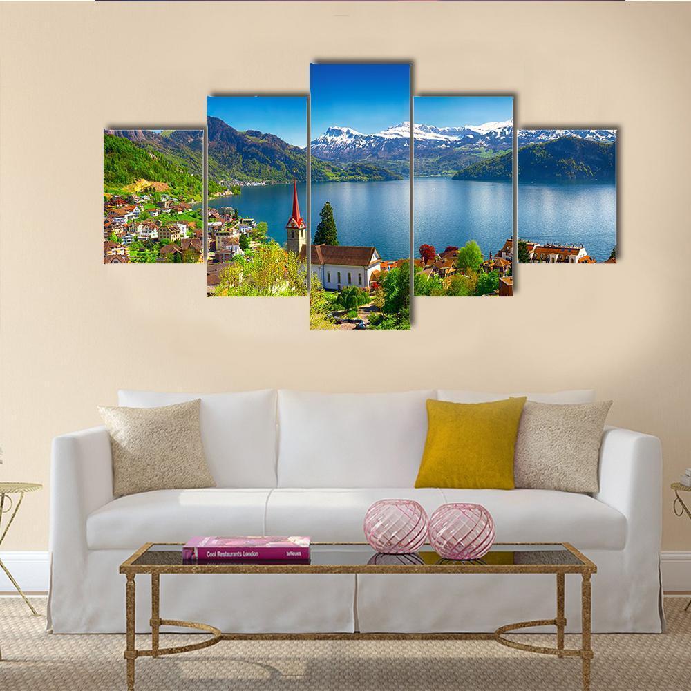 Village Wegis With Lake Lucerne And Pilatus Mountain Canvas Wall Art-5 Star-Gallery Wrap-62" x 32"-Tiaracle