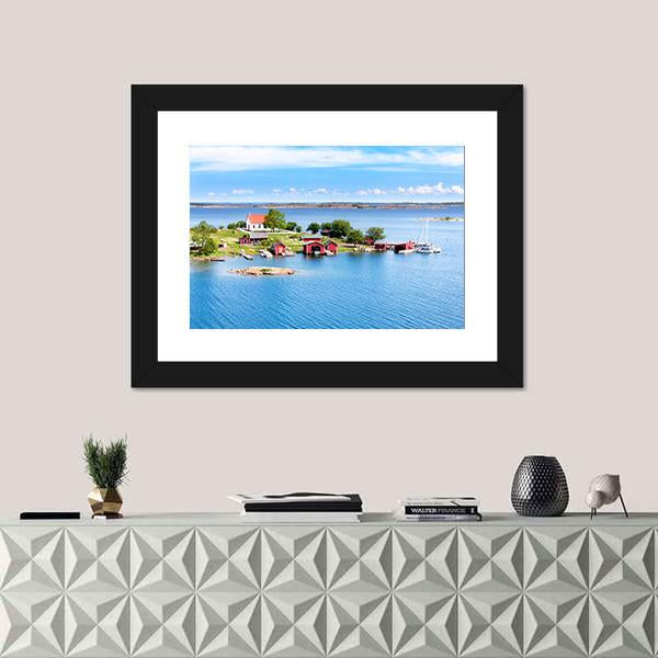 Village With Red Buildings In Finnish Archipelago Canvas Wall Art-1 Piece-Framed Print-20" x 16"-Tiaracle