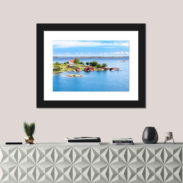 Village With Red Buildings In Finnish Archipelago Canvas Wall Art-1 Piece-Framed Print-20" x 16"-Tiaracle