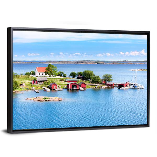 Village With Red Buildings In Finnish Archipelago Canvas Wall Art-3 Horizontal-Gallery Wrap-25" x 16"-Tiaracle