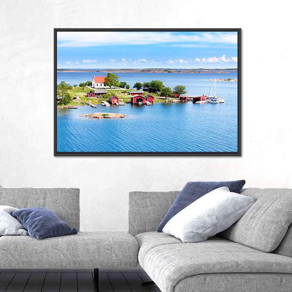 Village With Red Buildings In Finnish Archipelago Canvas Wall Art-3 Horizontal-Gallery Wrap-25" x 16"-Tiaracle