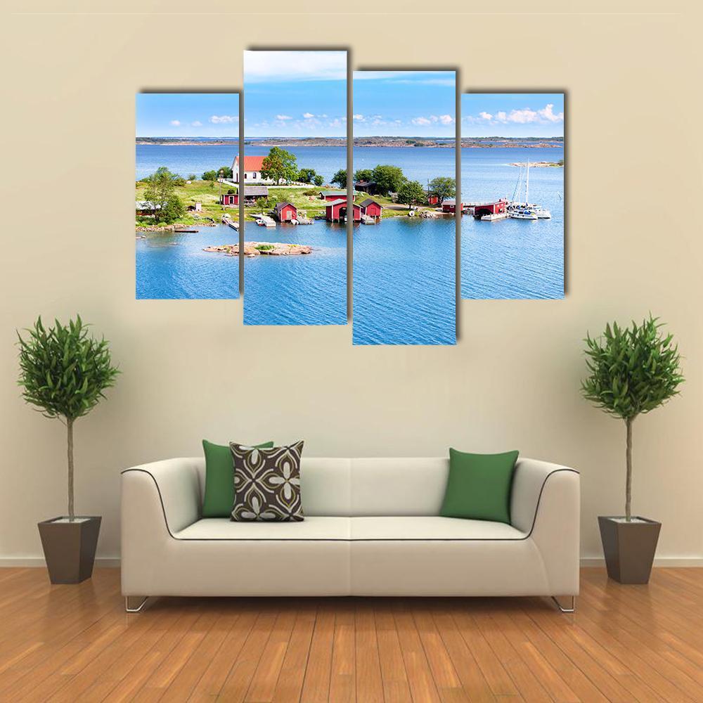Village With Red Buildings In Finnish Archipelago Canvas Wall Art-4 Pop-Gallery Wrap-50" x 32"-Tiaracle