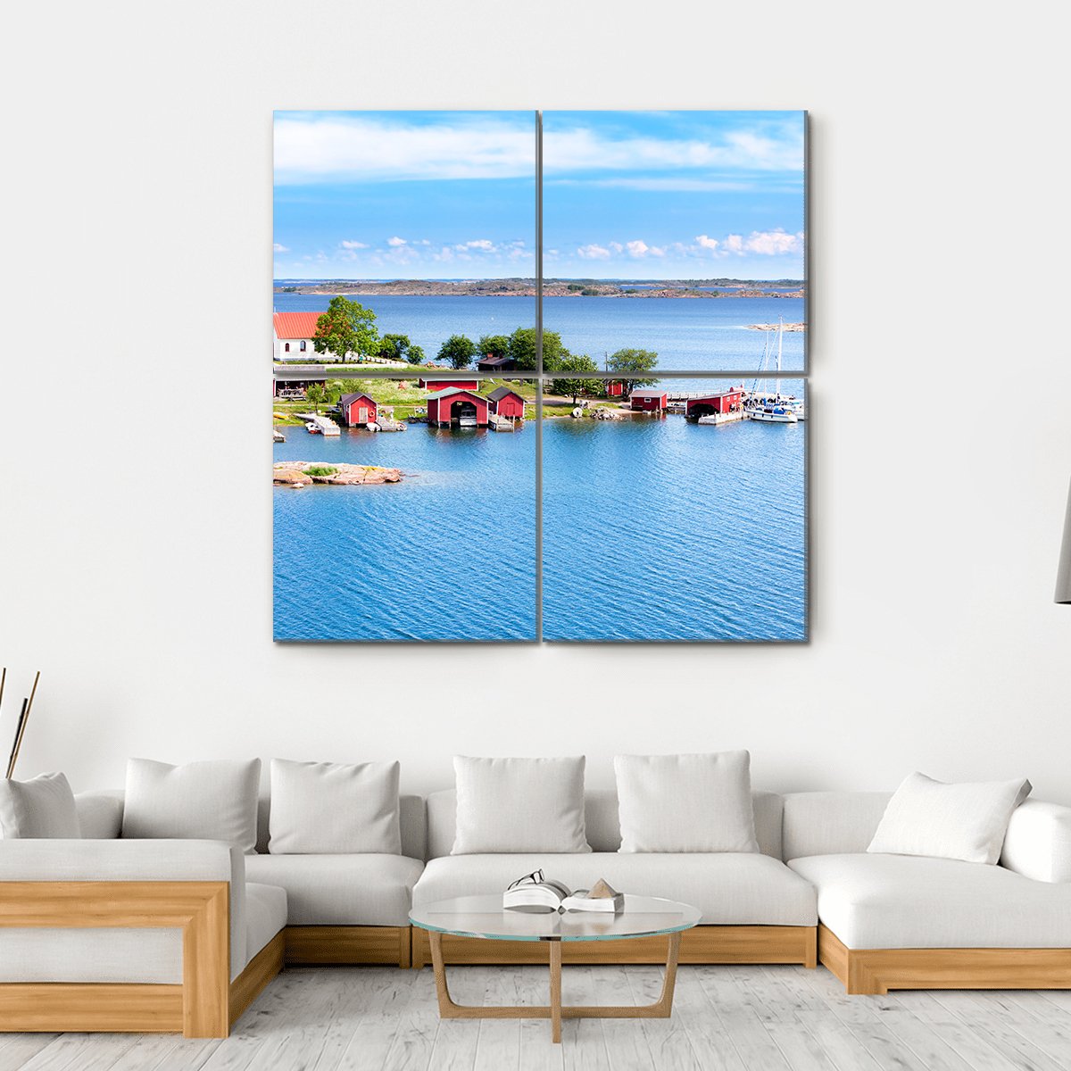 Village With Red Buildings In Finnish Archipelago Canvas Wall Art-4 Square-Gallery Wrap-17" x 17"-Tiaracle