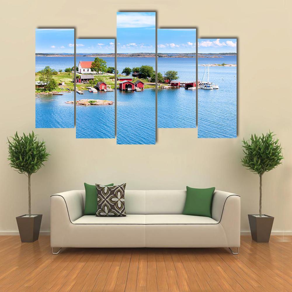Village With Red Buildings In Finnish Archipelago Canvas Wall Art-5 Pop-Gallery Wrap-47" x 32"-Tiaracle