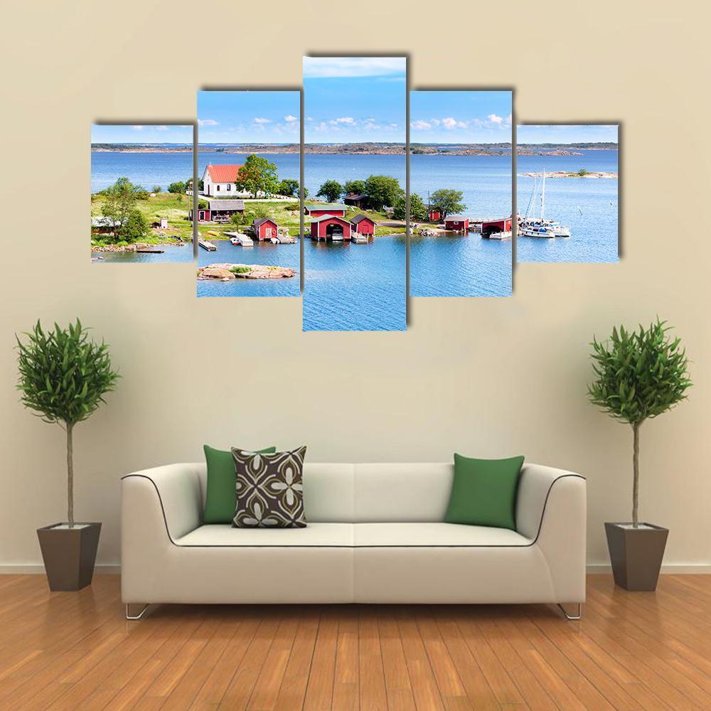 Village With Red Buildings In Finnish Archipelago Canvas Wall Art-5 Star-Gallery Wrap-62" x 32"-Tiaracle