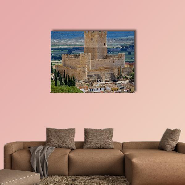 Villena Castle, Spain Canvas Wall Art in beige, brown and blue, single panel hung on a wall