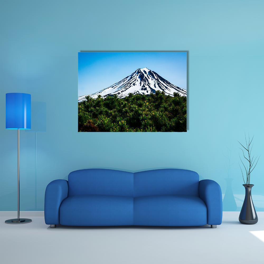 Viluchinskiy Volcano Kamchatka Canvas Wall Art in white, green and blue, single panel hung on a wall