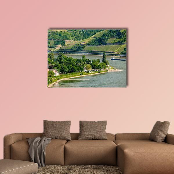 Rhine Valley Vineyards Canvas Wall Art in brown, green and blue, single panel hung on a wall
