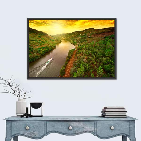 Vineyards In The Valley Of The River Douro In Portugal Canvas Wall Art-1 Piece-Floating Frame-24" x 16"-Tiaracle